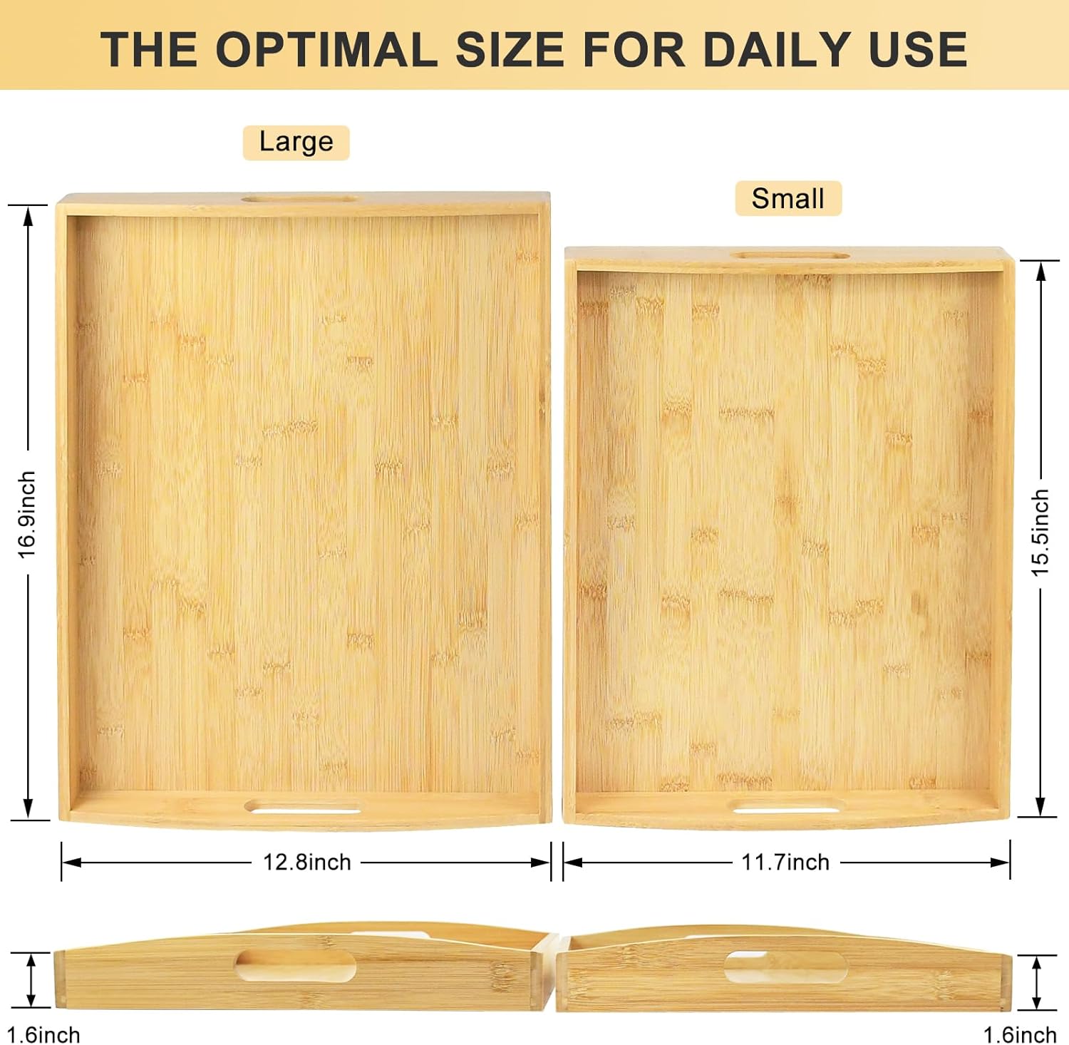 Bamboo Serving Tray Set of 2 Elegant for Coffee, Eating or Decor - Large and Small Rectangle