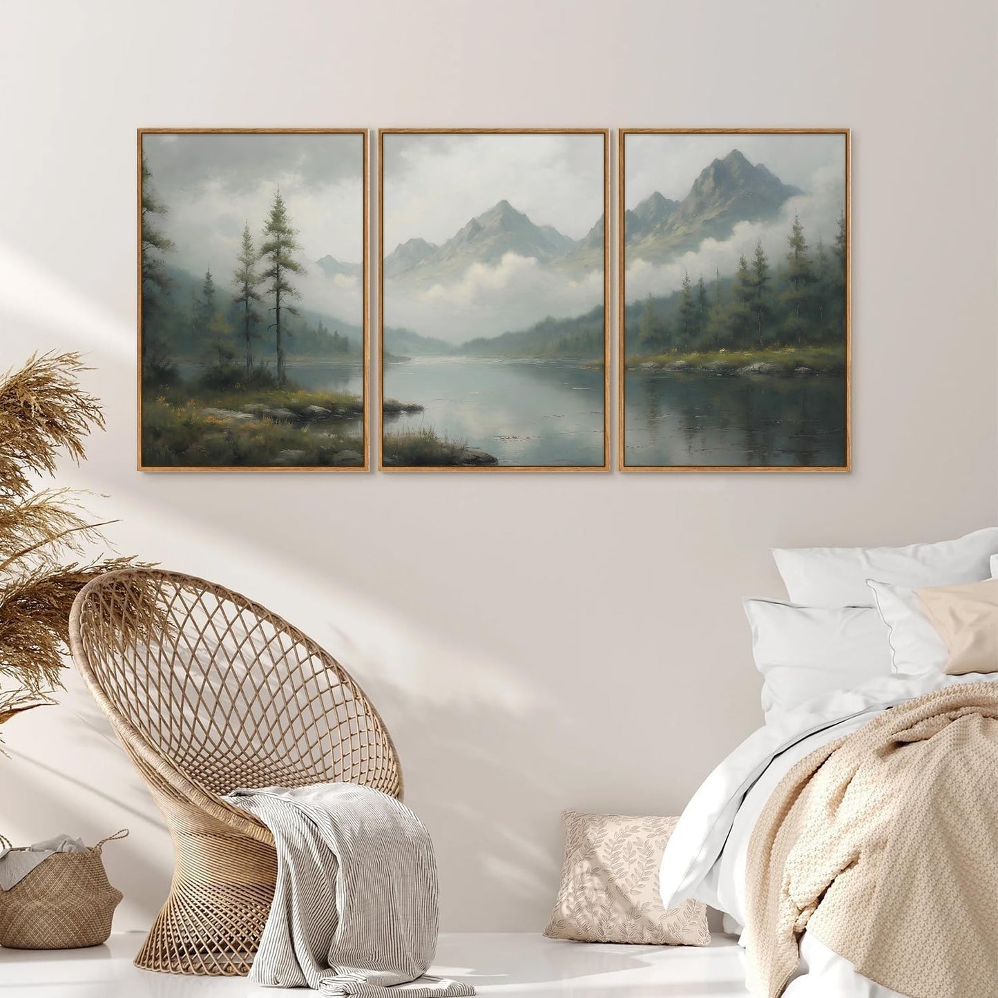 SIGNINART Large Misty Mountain Framed Canvas Wall Art, Green Forest River Scenery Wall Decor