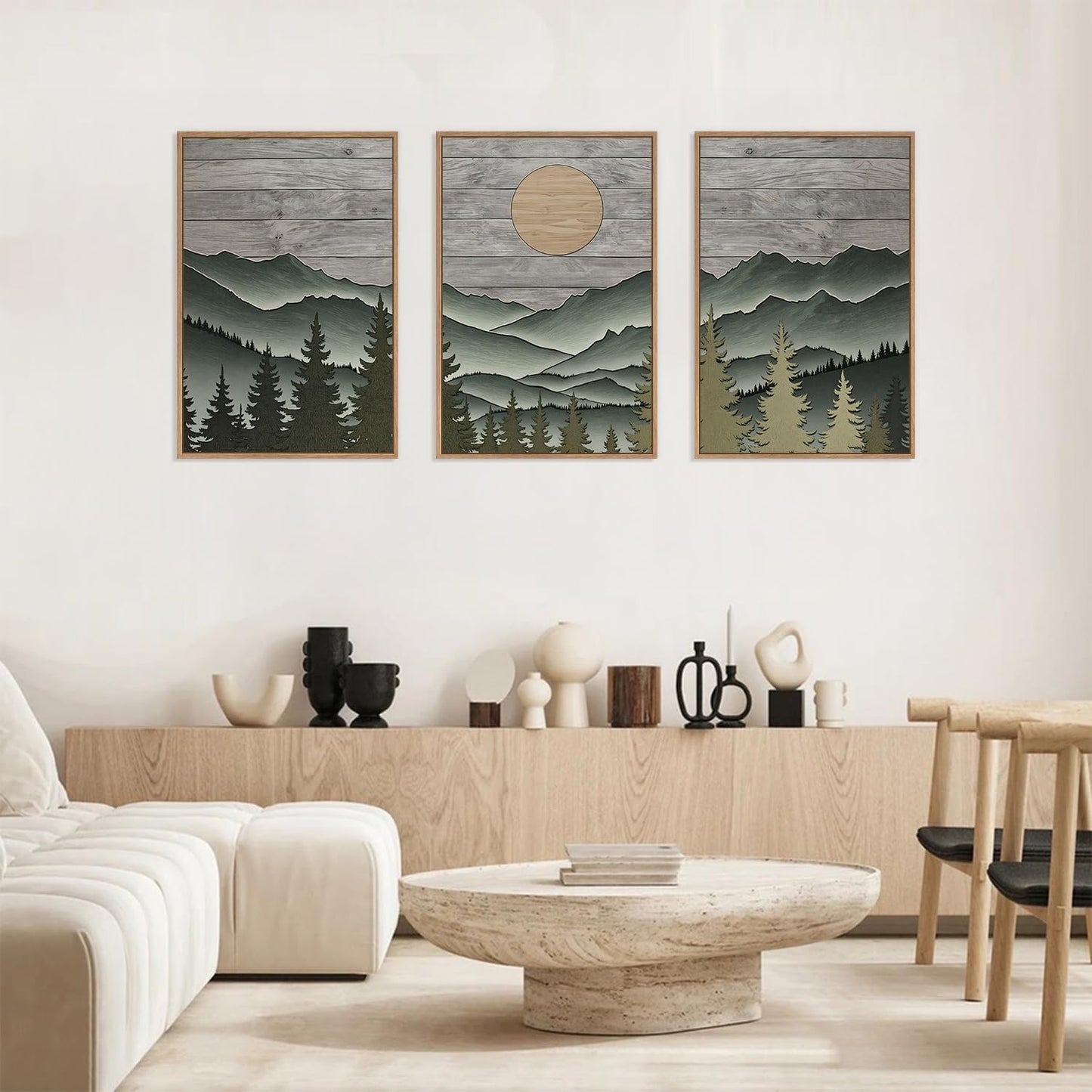 HLNIUC Mountain Framed Canvas Wall Art,Large Green Forest Woodcut Wall Decor Set of
