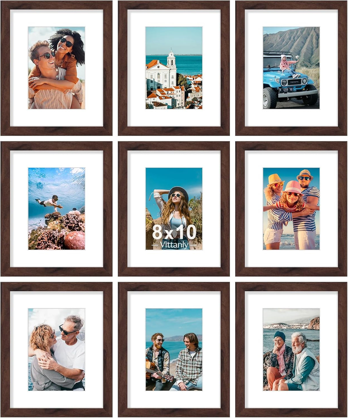 Vittanly 8x10 Picture Frames Set of 9, Shatter Resistant Plexiglass, Display 5x7 Pictures with Mat