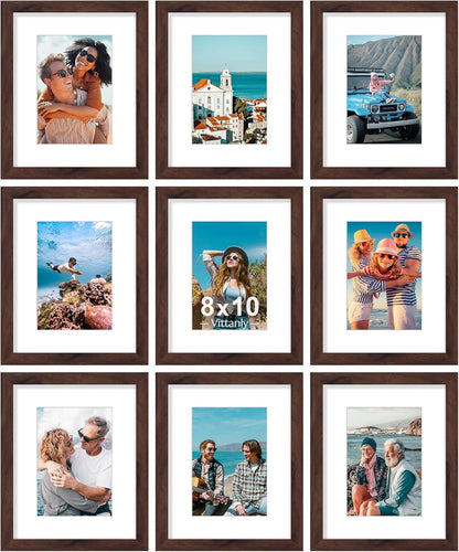 Vittanly 8x10 Picture Frames Set of 9, Shatter Resistant Plexiglass, Display 5x7 Pictures with Mat