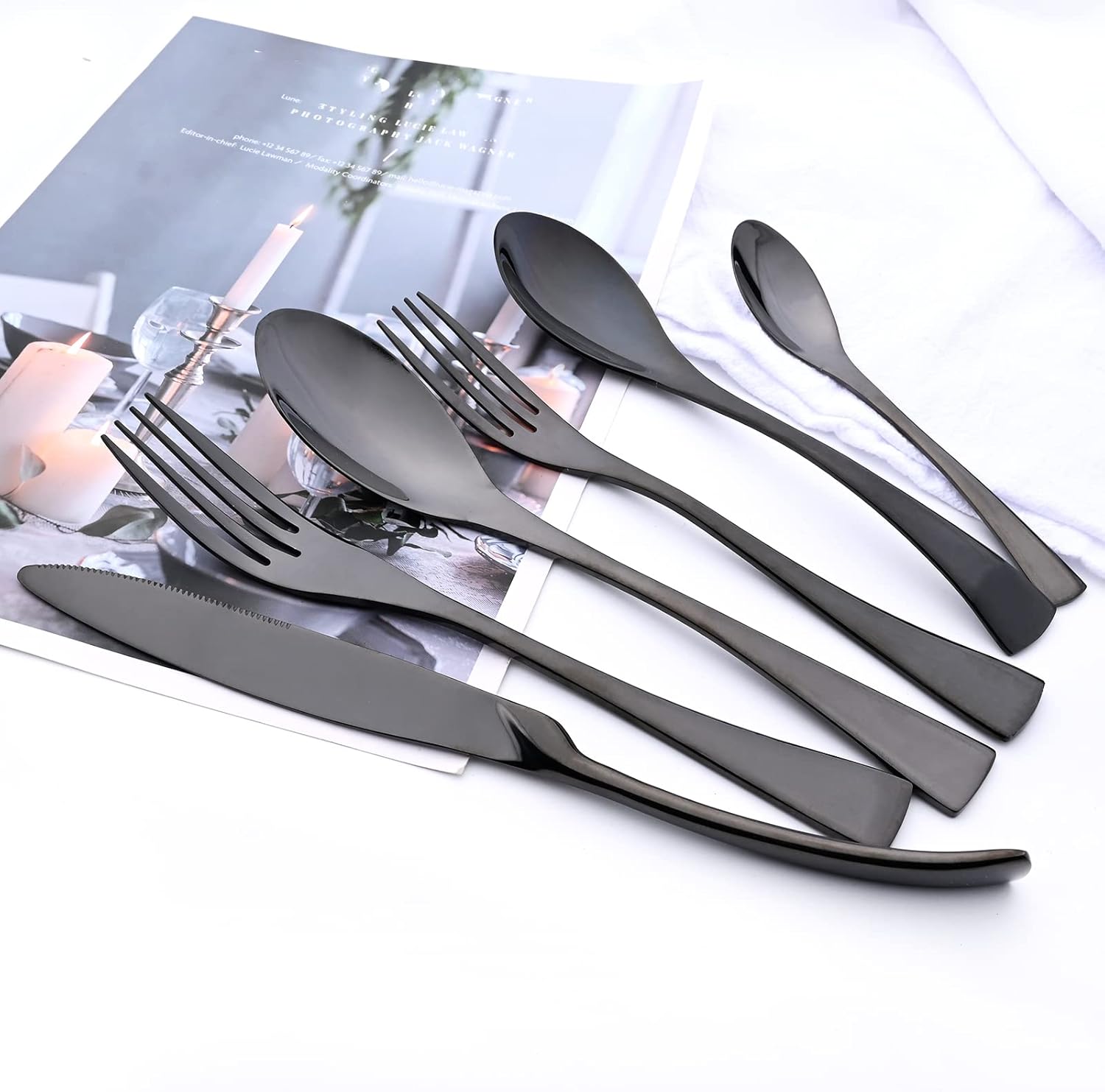24-Piece Black Flatware, Mirror 18/10 Stainless Steel Modern & Luxury Dinnerware Set With Serrated