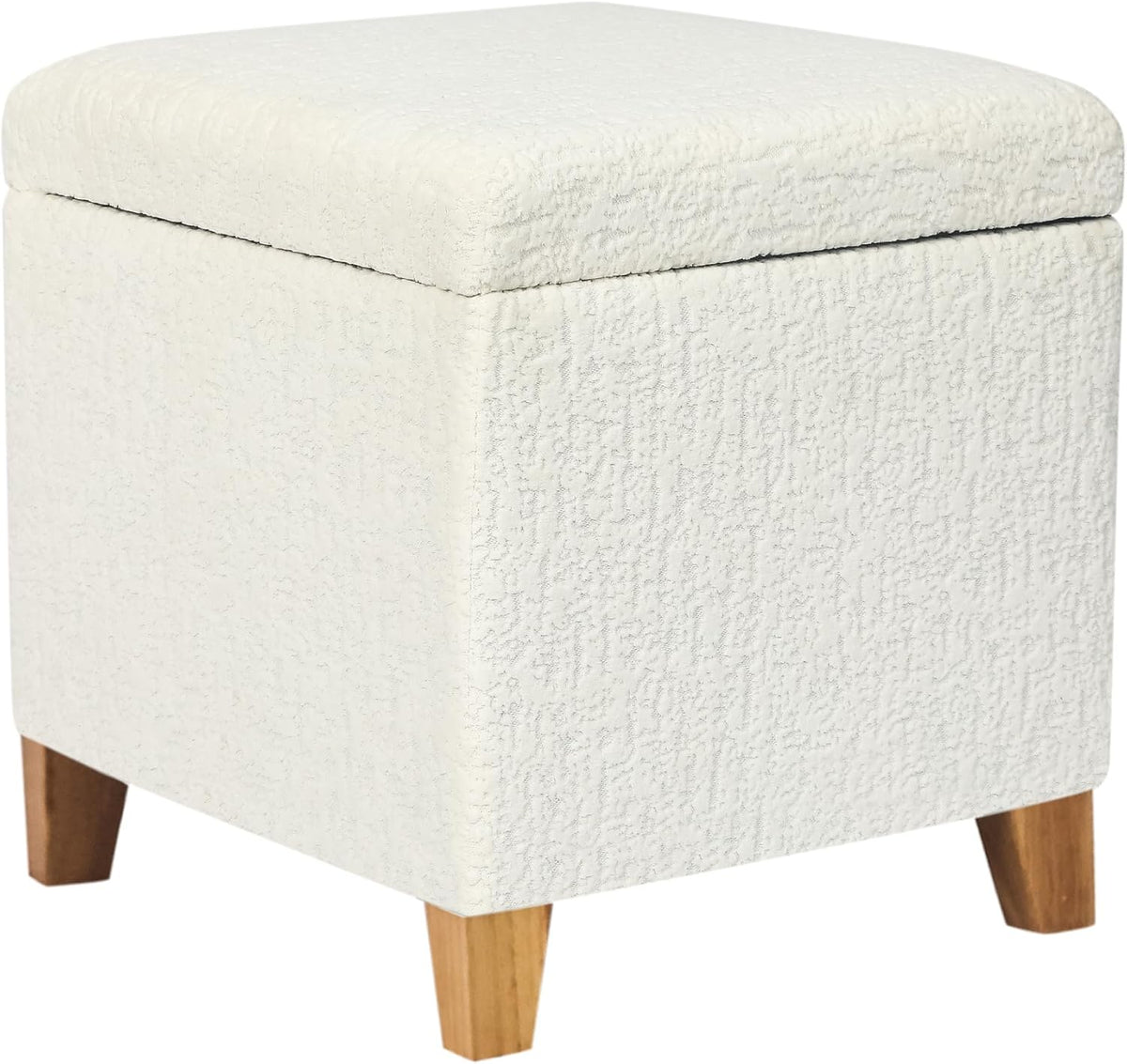 Adeco 18 Inch High Faux Fur White Cube Ottoman Storage, 3D Embossed Velvet Chair Foot Stools