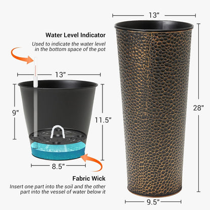 Worth Garden 2-Pack 28" H. Metal Planters with 2X Inside Pots - Hand-Hammered Texture Tall Narrow