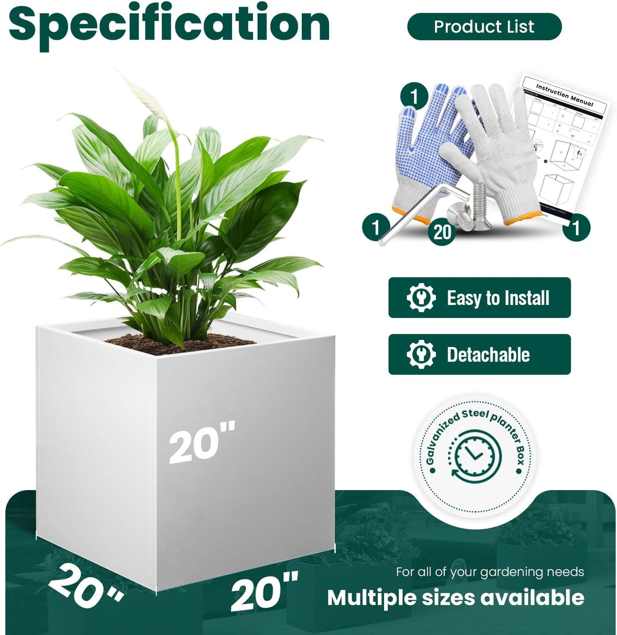 White Outdoor Planter Square Steel Planters Galvanized Steel Planter Box Indoor Metal Large