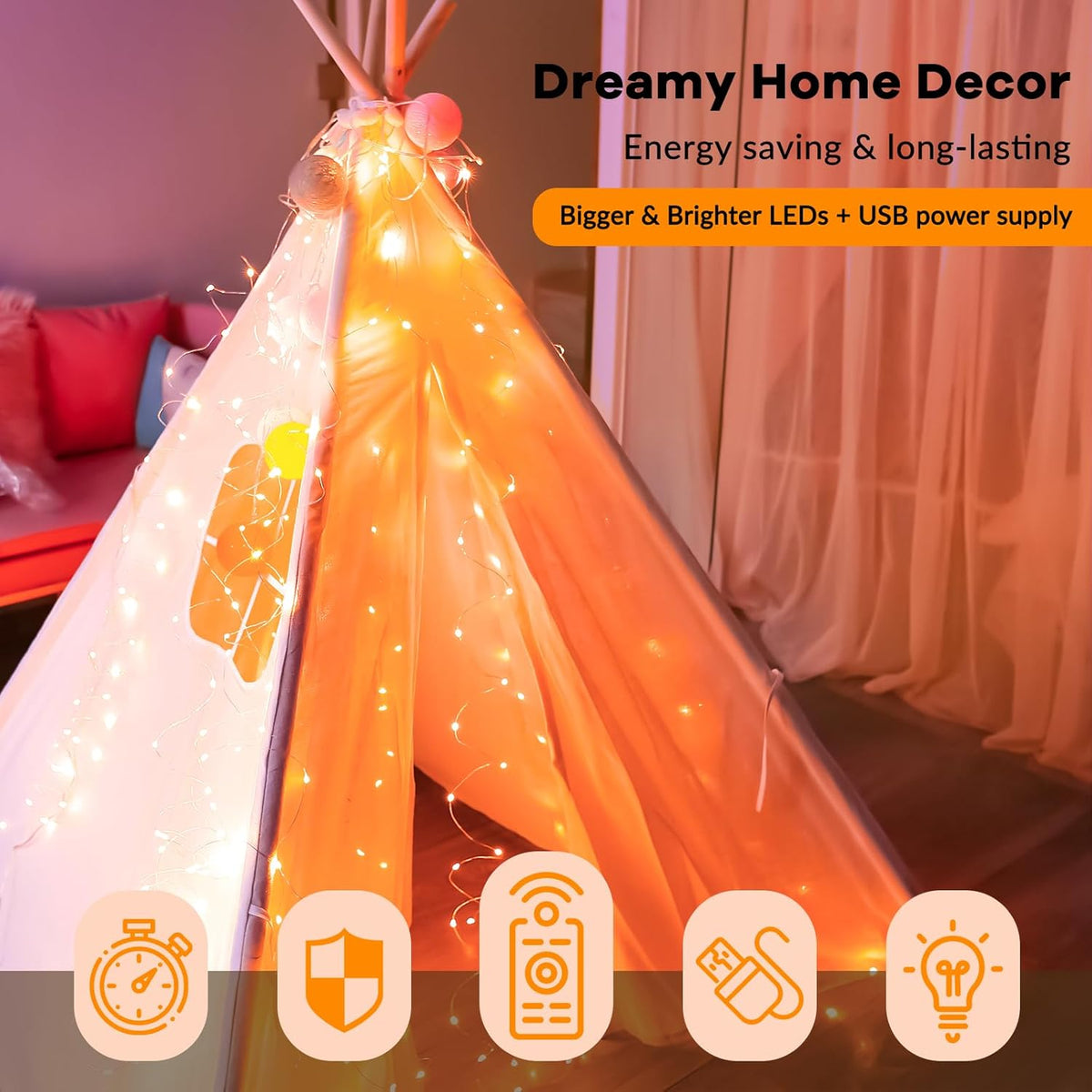 HXWEIYE 300LED Orange Fairy Curtain Lights with Remote 8 Modes Timer for Bedroom, 9.8x9.8Ft USB