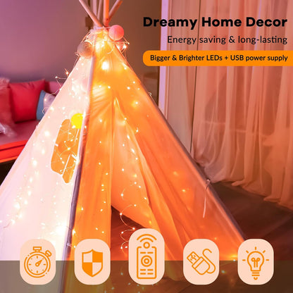 HXWEIYE 300LED Orange Fairy Curtain Lights with Remote 8 Modes Timer for Bedroom, 9.8x9.8Ft USB