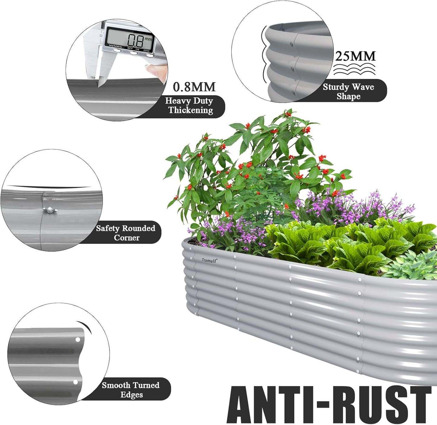 1 Pack 8x3x2FT Galvanized Raised Garden Bed Kit Oval Metal Ground Planter Box Outdoor Bottomless