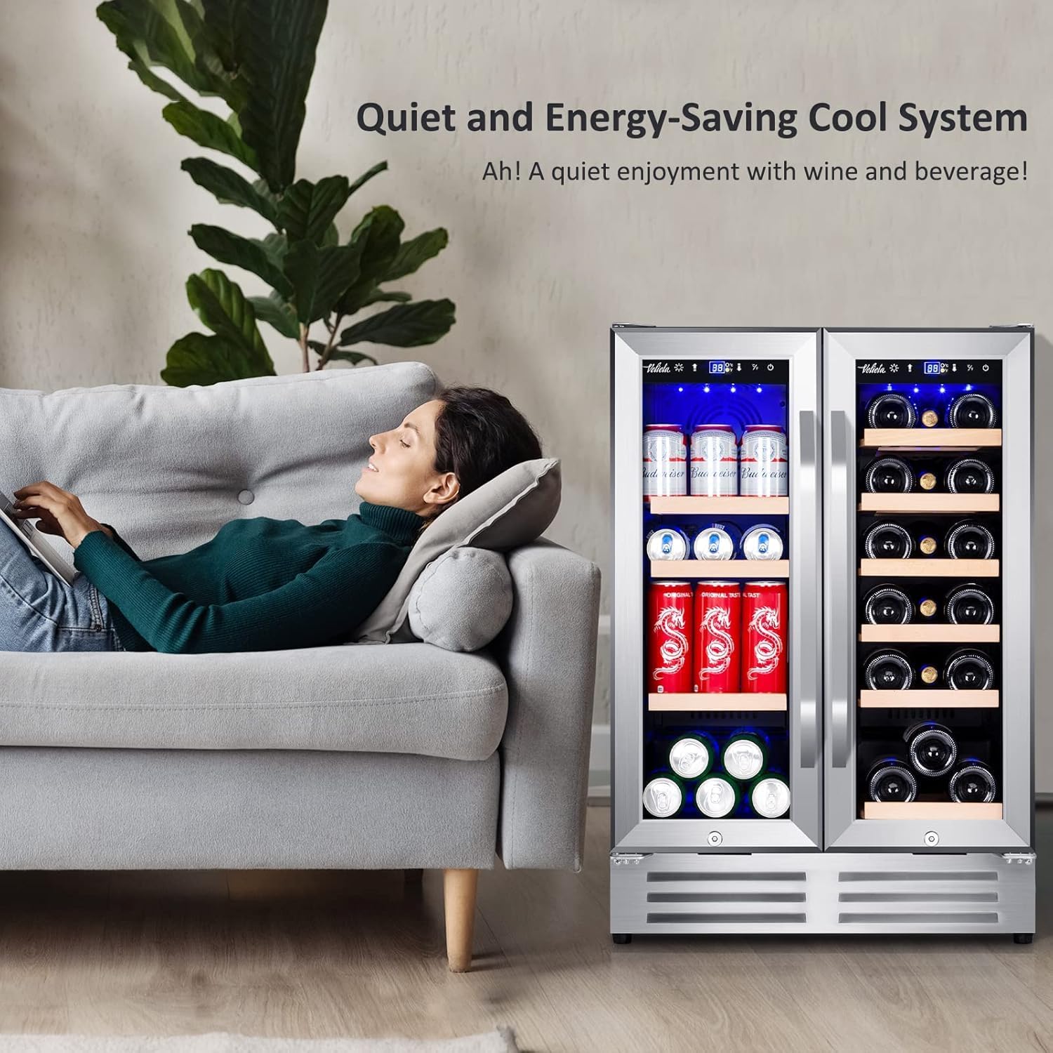 Wine and Beverage Refrigerator, 24 Inch Dual Zone Fridge with Glass Door, Built-In Cooler with