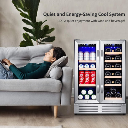 Wine and Beverage Refrigerator, 24 Inch Dual Zone Fridge with Glass Door, Built-In Cooler with