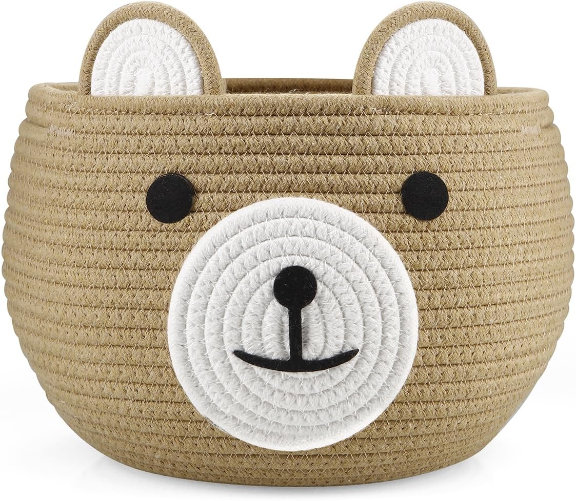 PandaEar Cotton Rope Baby Basket, Baby Gift Basket Nursery Laundry Organizer with Cute Bear Design