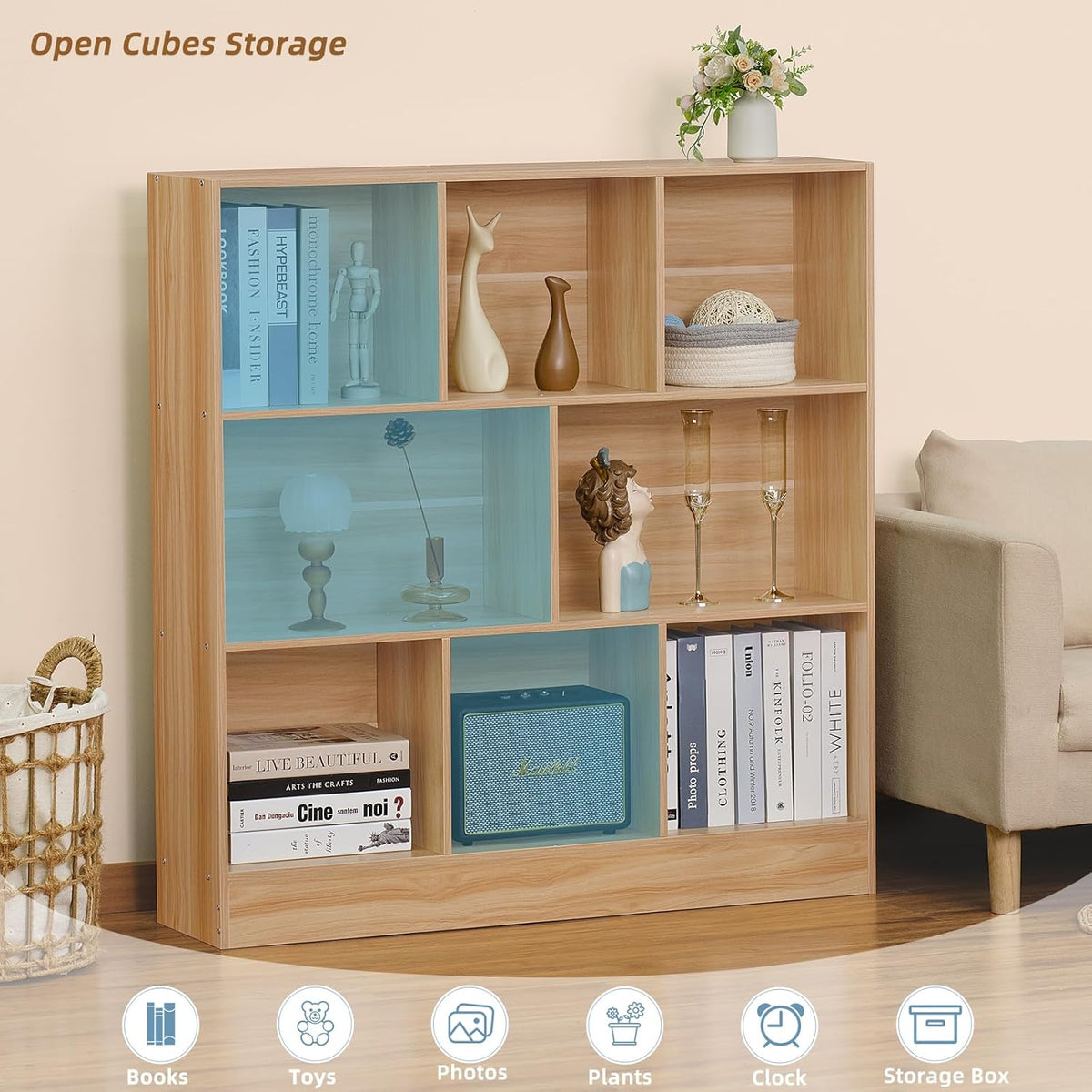 LEYAOYAO 8 Cube Bookshelf with Wood Base,Natural 3 Tier Mid-Century Modern Bookcase,Standing Wide