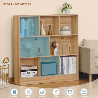 LEYAOYAO 8 Cube Bookshelf with Wood Base,Natural 3 Tier Mid-Century Modern Bookcase,Standing Wide
