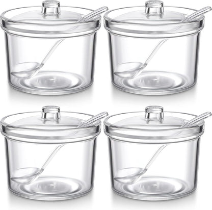 Patelai 4 Pieces Sugar Bowl Acrylic Clear Sugar Bowl with Lid and Salt Spoon Storage Jar with