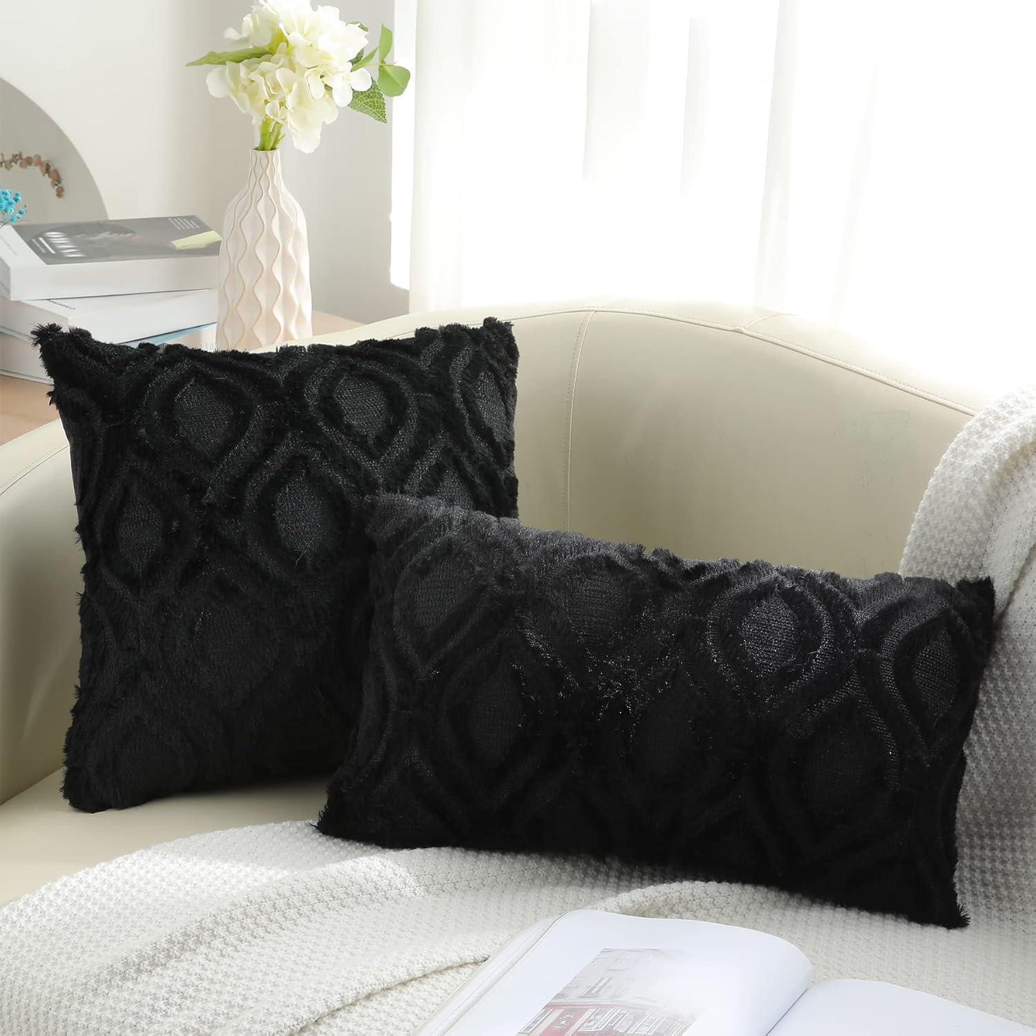decorUhome Fall Throw Pillow Covers 16x16 Inch Set of 2, Soft Plush Decorative Faux Fur Black Solid