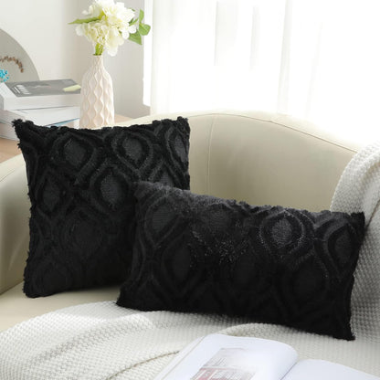 decorUhome Fall Throw Pillow Covers 16x16 Inch Set of 2, Soft Plush Decorative Faux Fur Black Solid