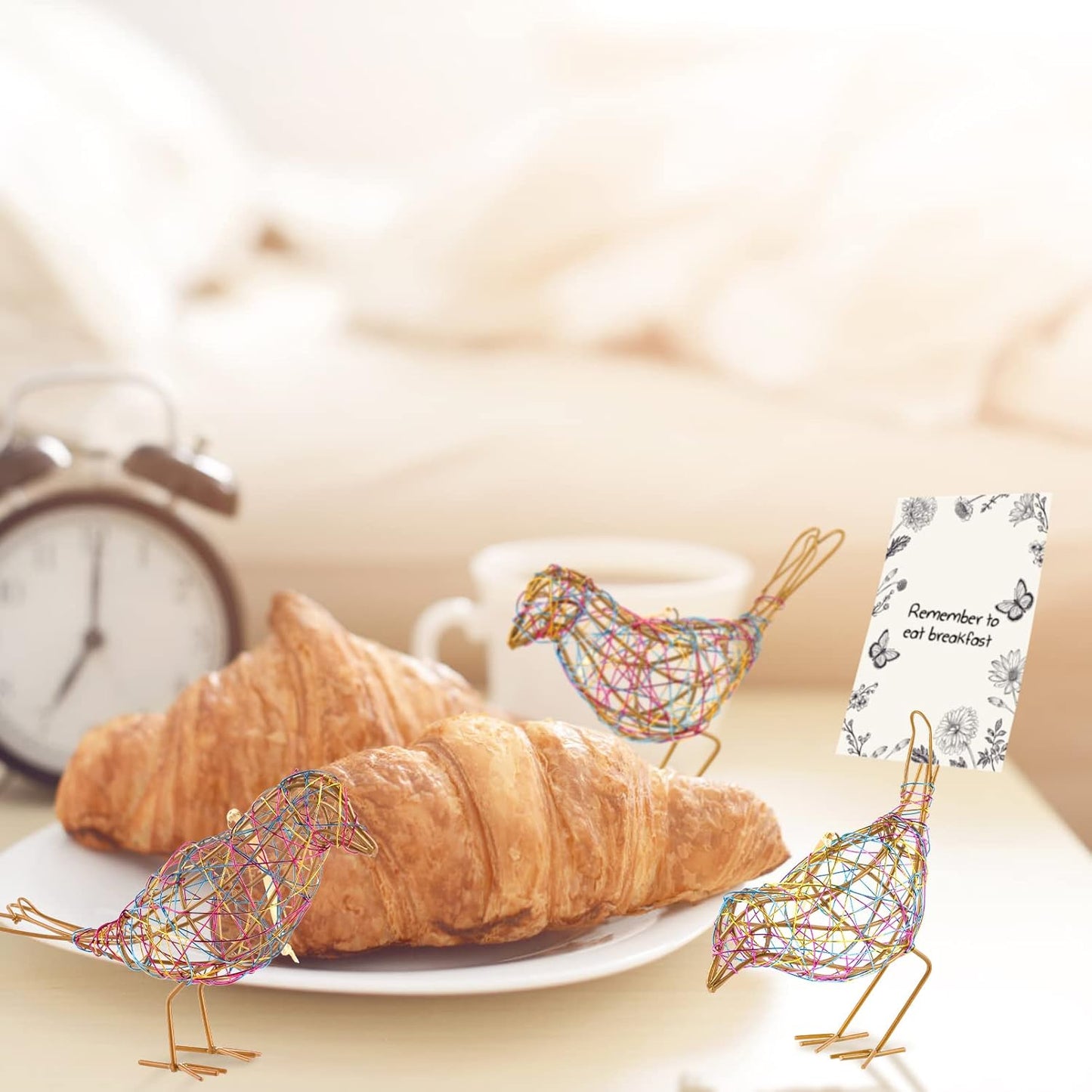 Modern Table Decor Set of 3 - Handmade Metal Bird Sculptures with Colorful Wire Weaving, Multi-Pose