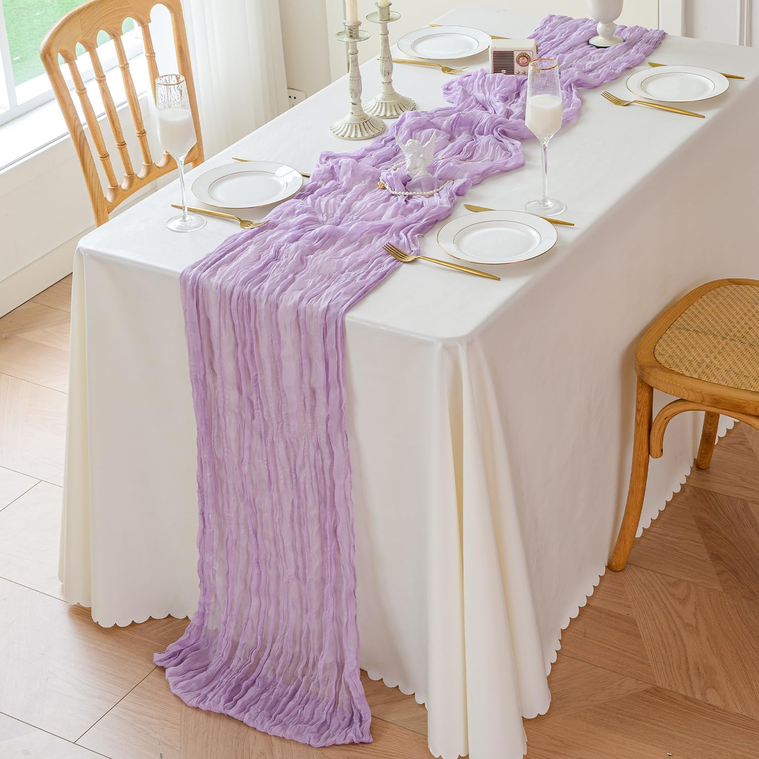 Sioloc 1 Pack Lilac Purple Lavender Cheesecloth Table Runner Fall Autumn Decor for Home 10ft Table