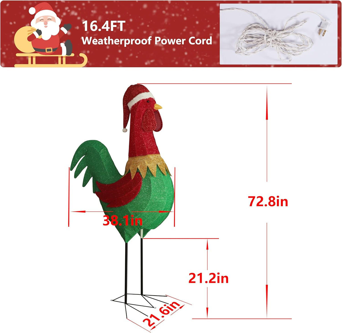 6FT Lighted Rooster with Christmas Hat for Outdoor Christmas Decorations, 3D Pre-Lit Iridescent