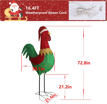 6FT Lighted Rooster with Christmas Hat for Outdoor Christmas Decorations, 3D Pre-Lit Iridescent