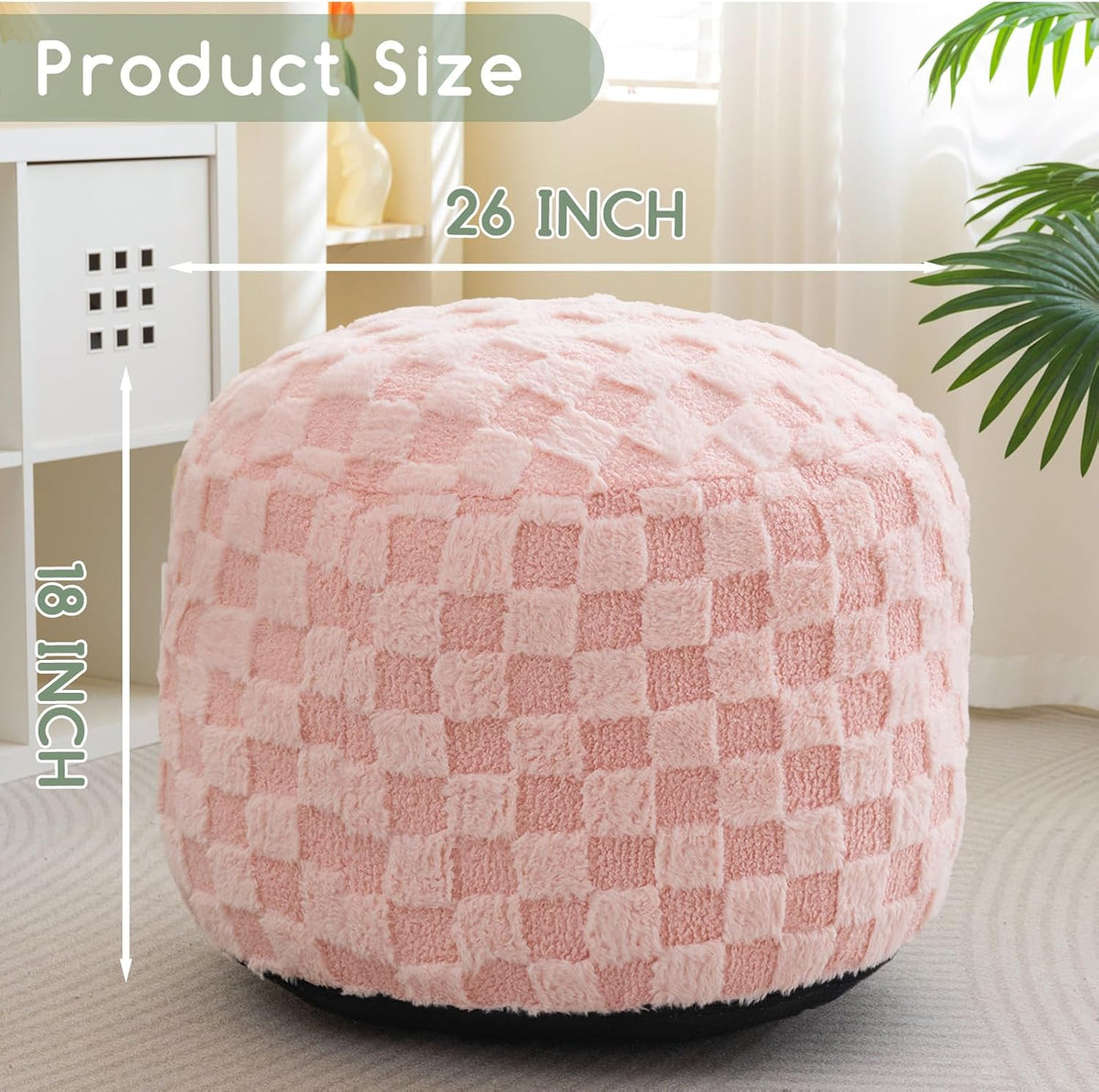 HIGOGOGO Round Stuffed Pouf Ottoman, Plaid Poufs with Foam Chunk Filling, Fluffy and Furry Pouf