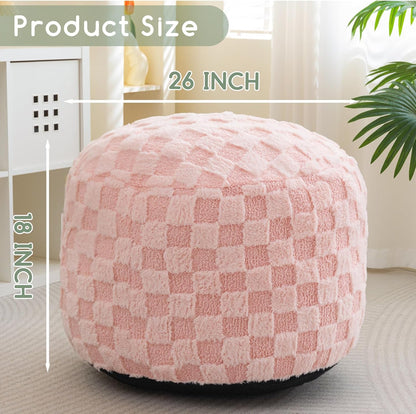HIGOGOGO Round Stuffed Pouf Ottoman, Plaid Poufs with Foam Chunk Filling, Fluffy and Furry Pouf