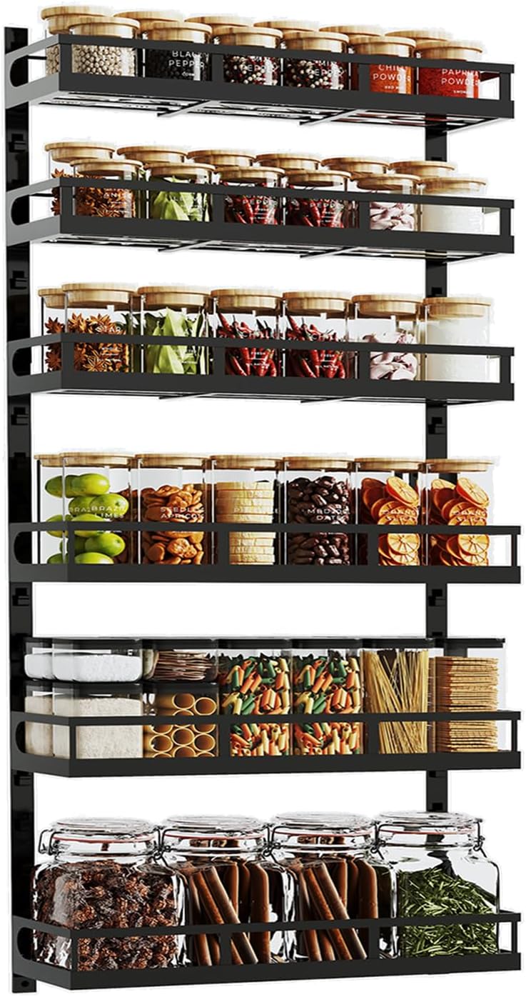X-cosrack 6-Tier Wall-Mounted Spice Rack Organizer with Mixed Basket Sizes, Height-Adjustable