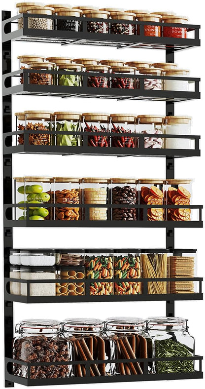 X-cosrack 6-Tier Wall-Mounted Spice Rack Organizer with Mixed Basket Sizes, Height-Adjustable