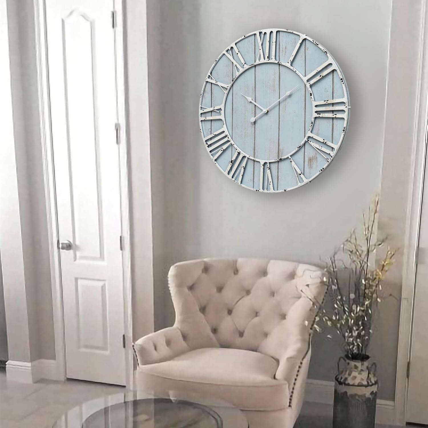 Large Farmhouse Wall Clock 24 Inch Vintage Blue Wooden Wall Clock with Quiet Ticking and Minimalist