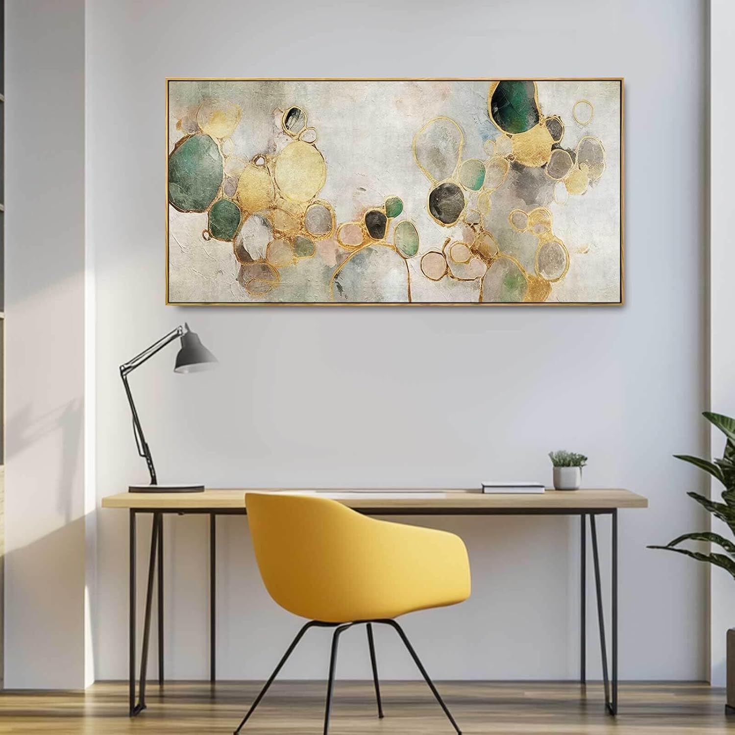 Gold Circle Modern Artwork Framed Abstract Wall Art Green Canvas Decor 24"x48" Wall Decorations for
