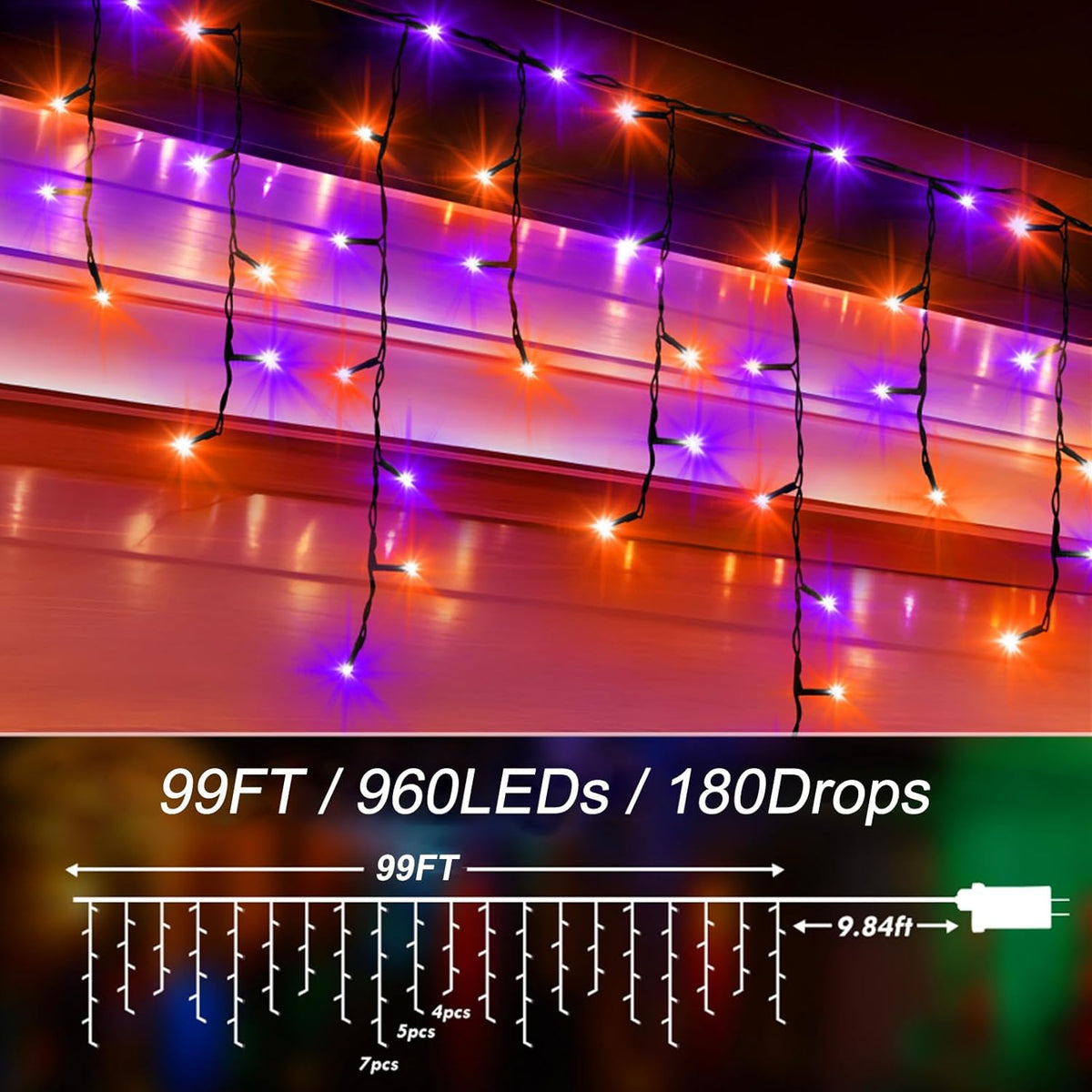 KNONEW 99FT 960 LED Orange Purple Halloween Lights Outdoor Black Wire String Lights with 180 Drops