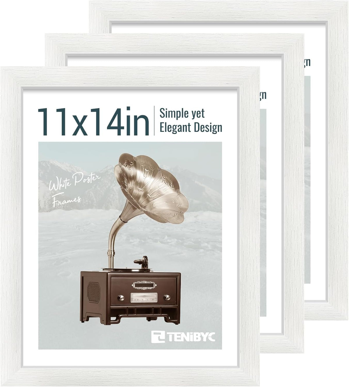 11x14 Picture Frame Set - 3 Pack, Textured White Solid Wood, HD Tempered Glass, Wall Gallery Photo