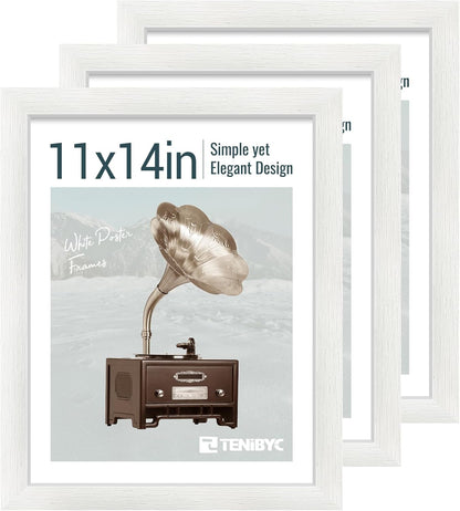 11x14 Picture Frame Set - 3 Pack, Textured White Solid Wood, HD Tempered Glass, Wall Gallery Photo