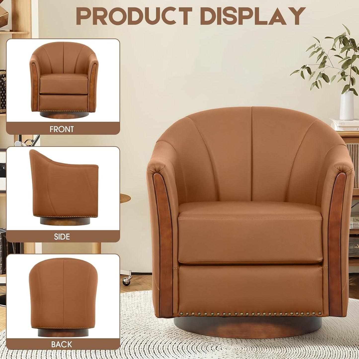 360° Swivel Accent Chair, Modern Leather Barrel Club Chair with Leather Upholstery and Sturdy Wood