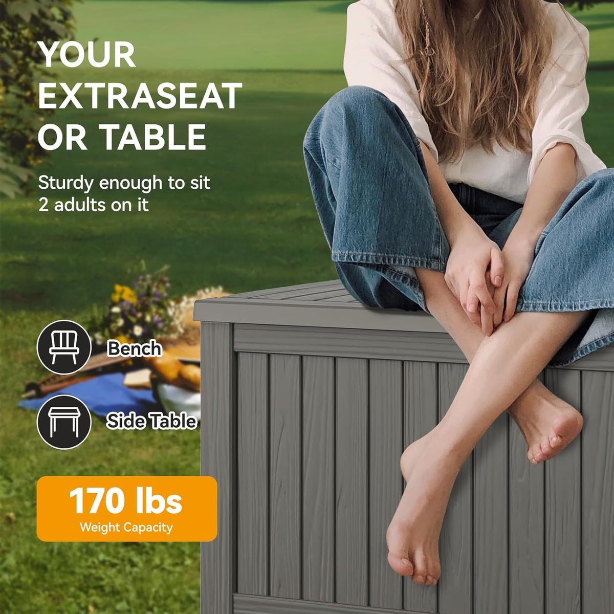 NUNU LAB 150 Gallon Outdoor Storage Box,Resin Large Sturdy Deck Box, Backyard Outside Storage Box