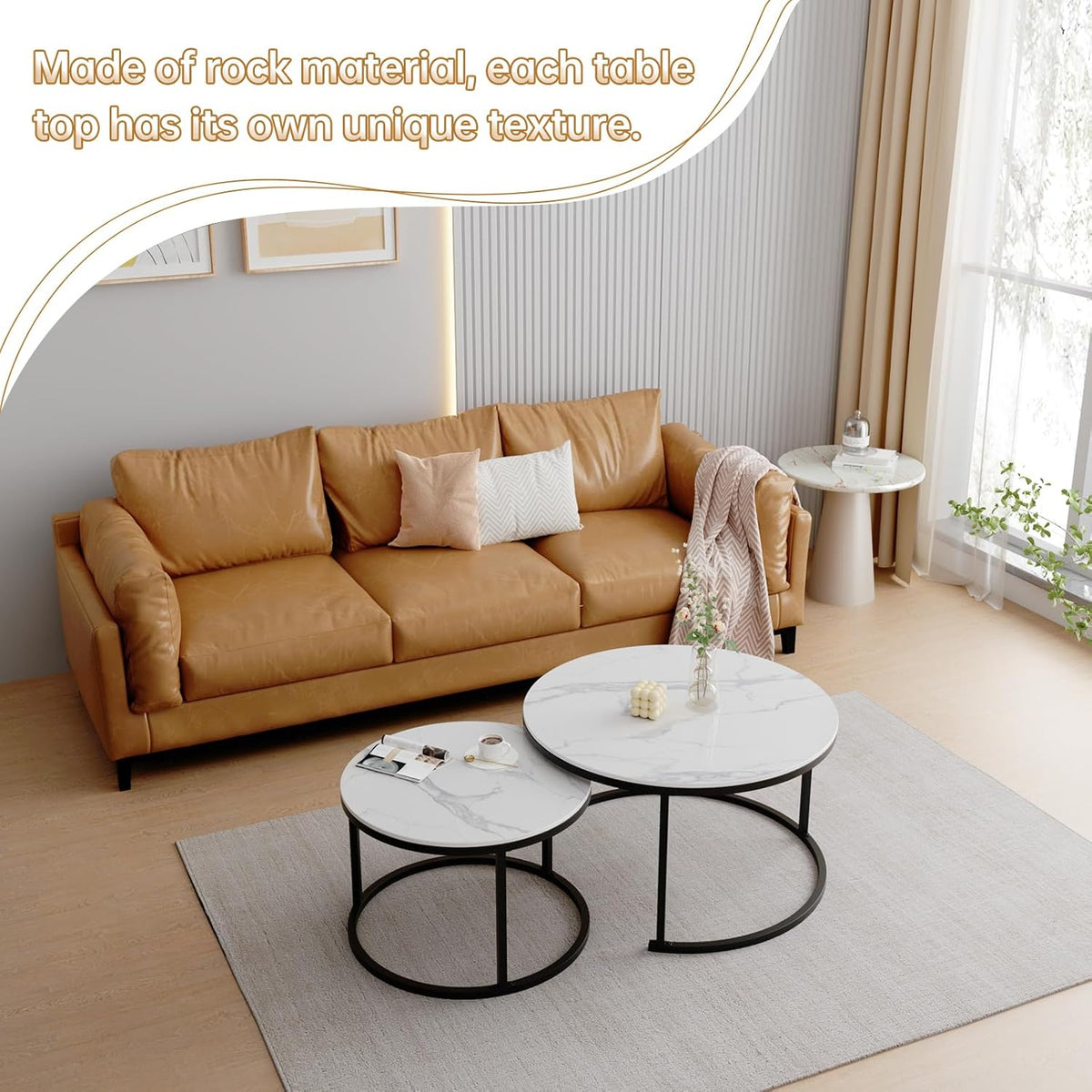 ZL ZELing White Nesting Coffee Table Set of 2, 27'' Round Coffee Table Sintered Stone Top & Metal