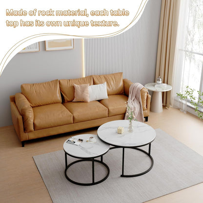 ZL ZELing White Nesting Coffee Table Set of 2, 27'' Round Coffee Table Sintered Stone Top & Metal