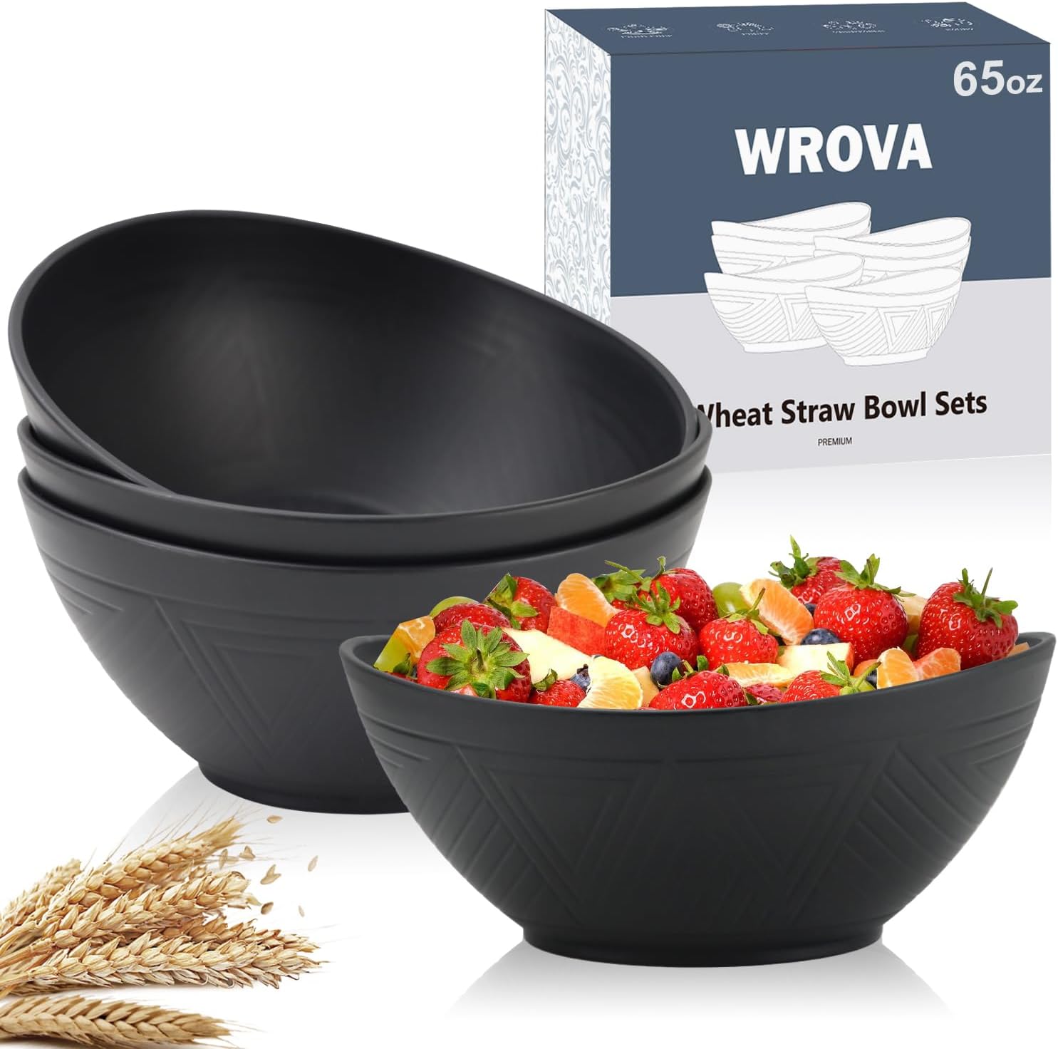 65oz Large Salad Bowls Black - Wheat Straw Salad bowls Set of 4 - Unbreakable Salad Bowls Dishware