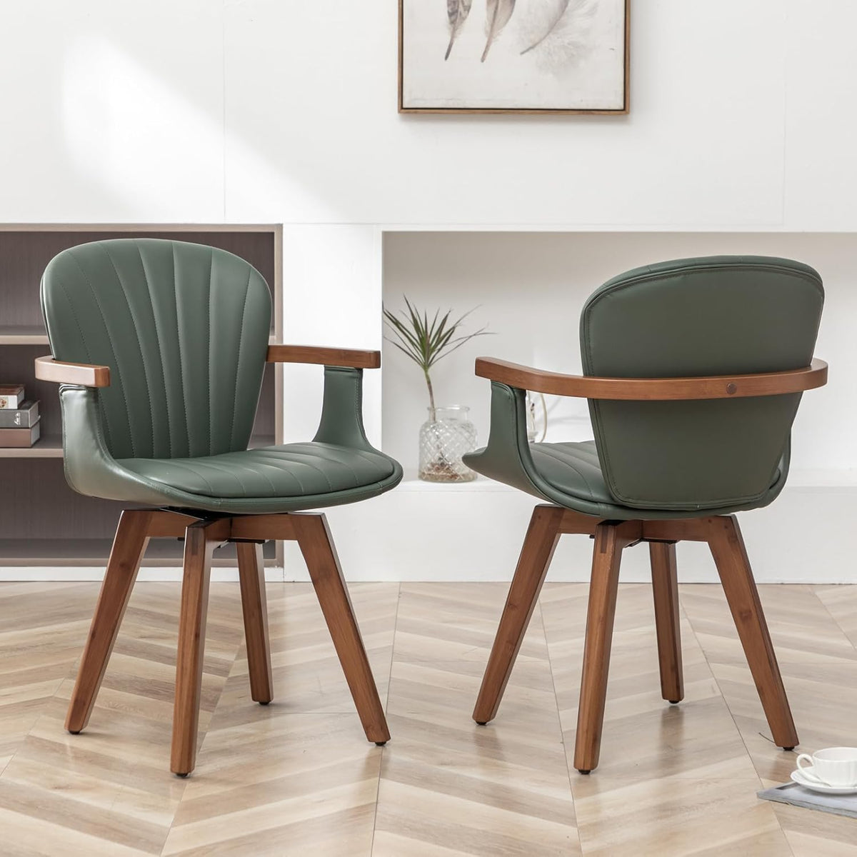 LUNLING Swivel Dining Chairs, Mid Century Modern Green Faux Leather Kitchen Chairs with Arms,Bamboo