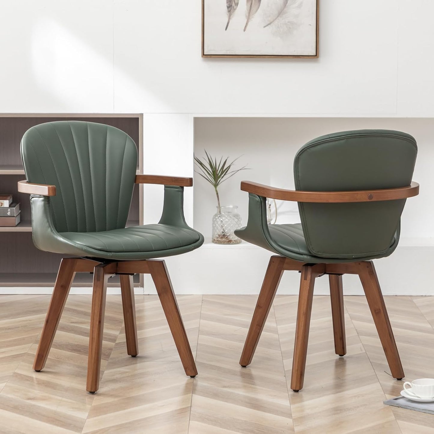 LUNLING Swivel Dining Chairs Set of 4, Mid Century Modern Green Faux Leather Kitchen Chairs with