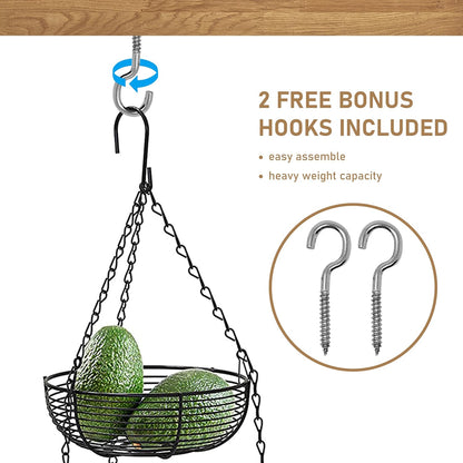 CAXXA 3-Tier Hanging Basket Fruit Organizer Kitchen Heavy Duty Wire Organizer with 2 Free Bonus