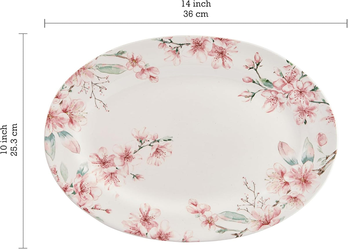 Bico Spring Sakura 16 plus 14 inch Ceramic Oval Platters Set, Set of 2, Microwave & Dishwasher