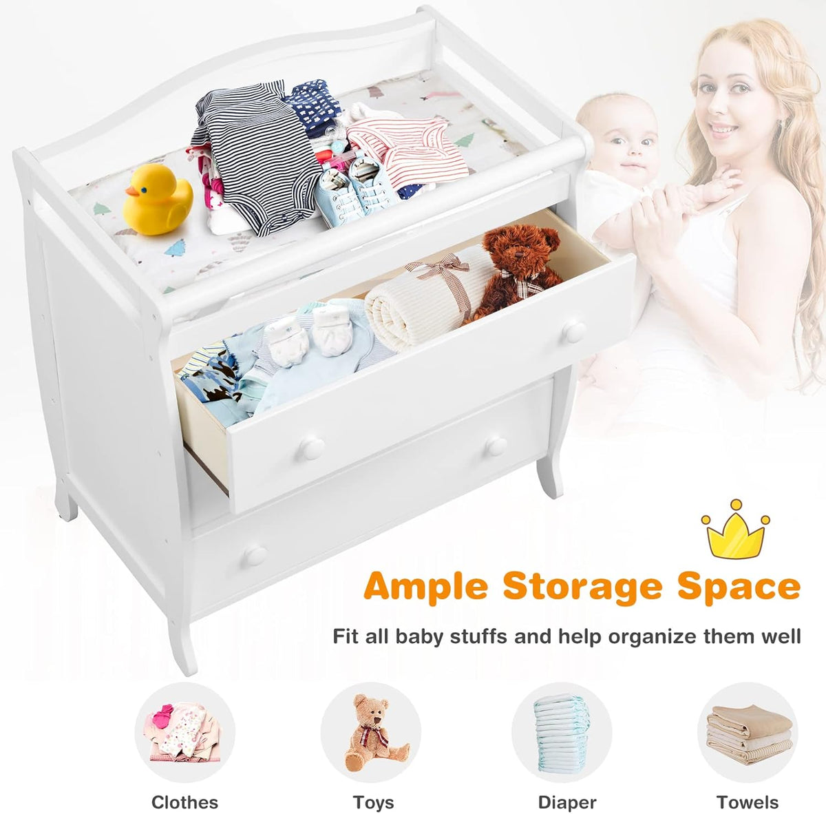 Costzon 3-Drawer Changing Table, Infant Diaper Changing Station with Drawers, Safety Rails & Strap