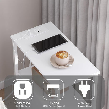 TUTOTAK Narrow Night Stand with Charging Station, Slim End Table with Plugins, Tall Side Table with