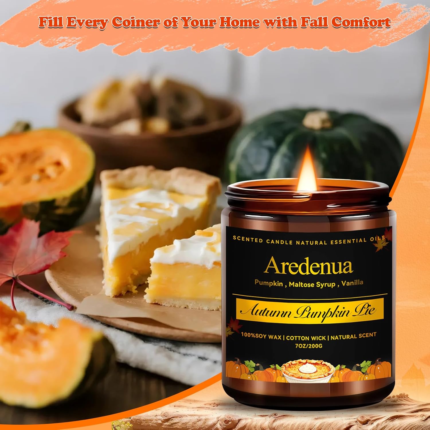 Pumpkin Pie Candle - Fall Scented Candles for Autumn, Halloween Pumpkin Candle - 7 OZ Soy Candles