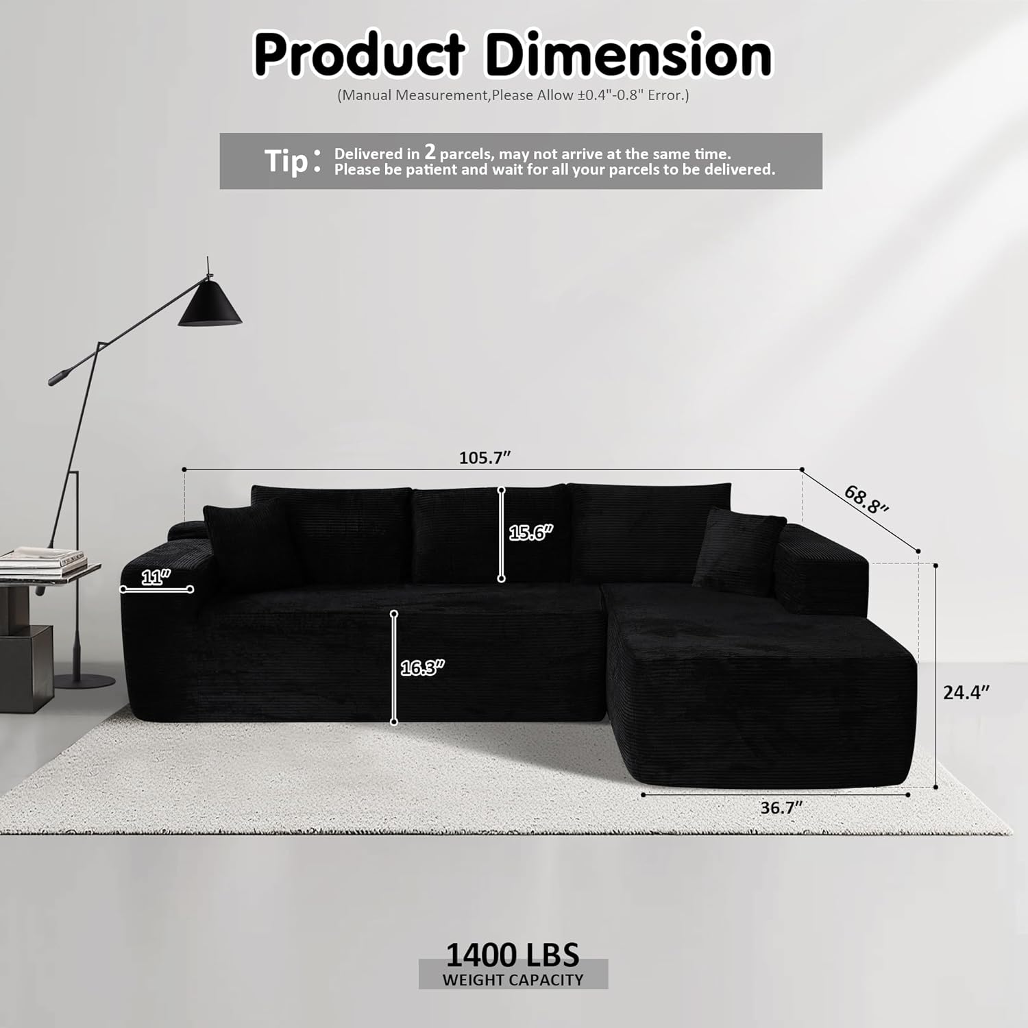 ovios 104" Cloud Sectional Couch with L-Shape Chaise,Modern Modular Sofa with Deep Seat