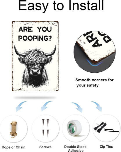 ALKB Funny Highland Cow Are You Pooping Metal Signs Vintage Farmhouse Bathroom Wall Decor Highland