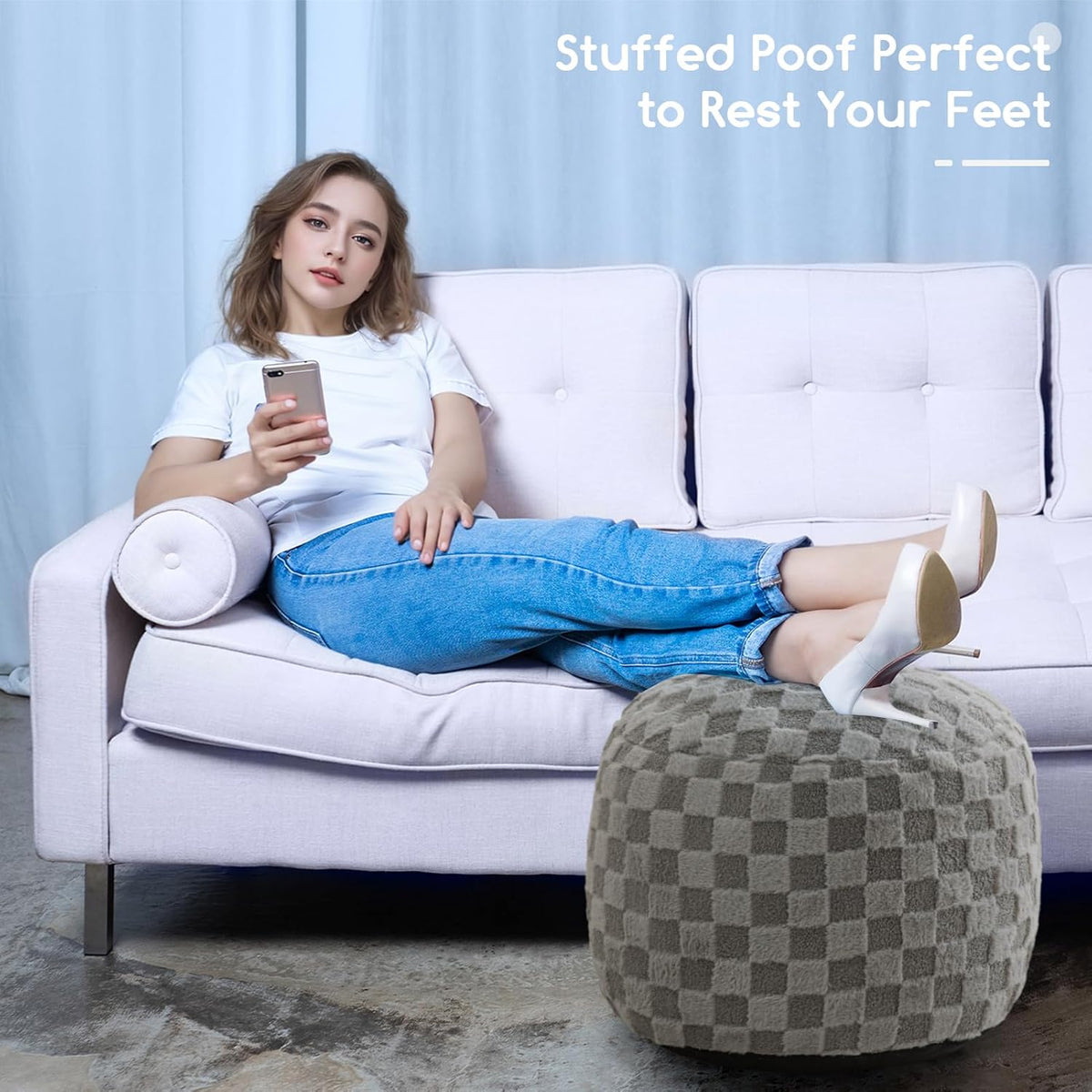 HIGOGOGO Round Stuffed Pouf Ottoman, Plaid Poufs with Foam Chunk Filling, Fluffy and Furry Pouf