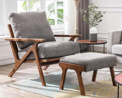 Mid Century Modern Accent Chair with ottoman, Farmhouse Linen Upholstered Living Room Armchair and