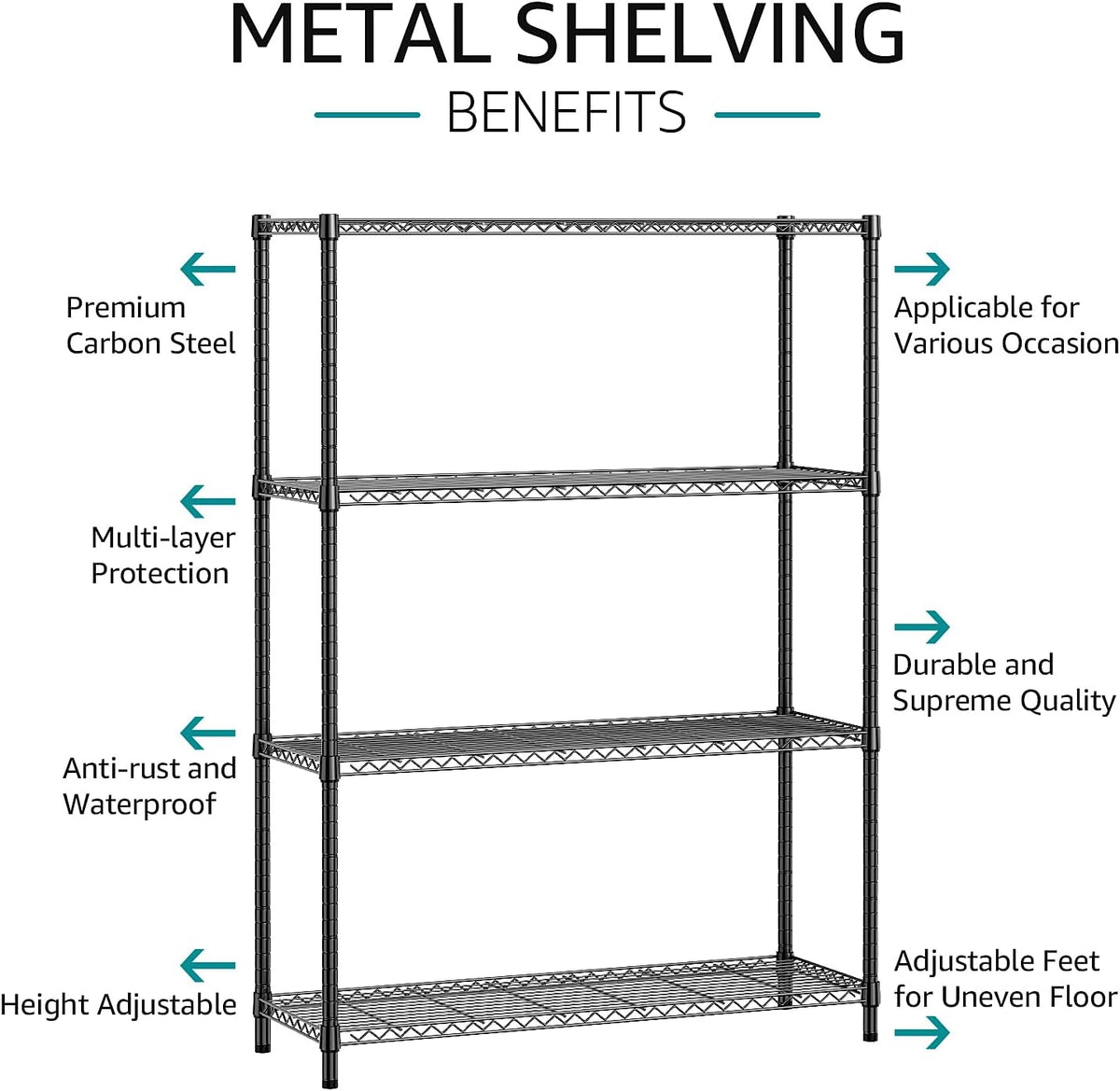 IZEUK 1400 LBS Garage Black Shelving Wide Storage Shelves 4 Tier Adjustable Heavy Duty Metal Wire
